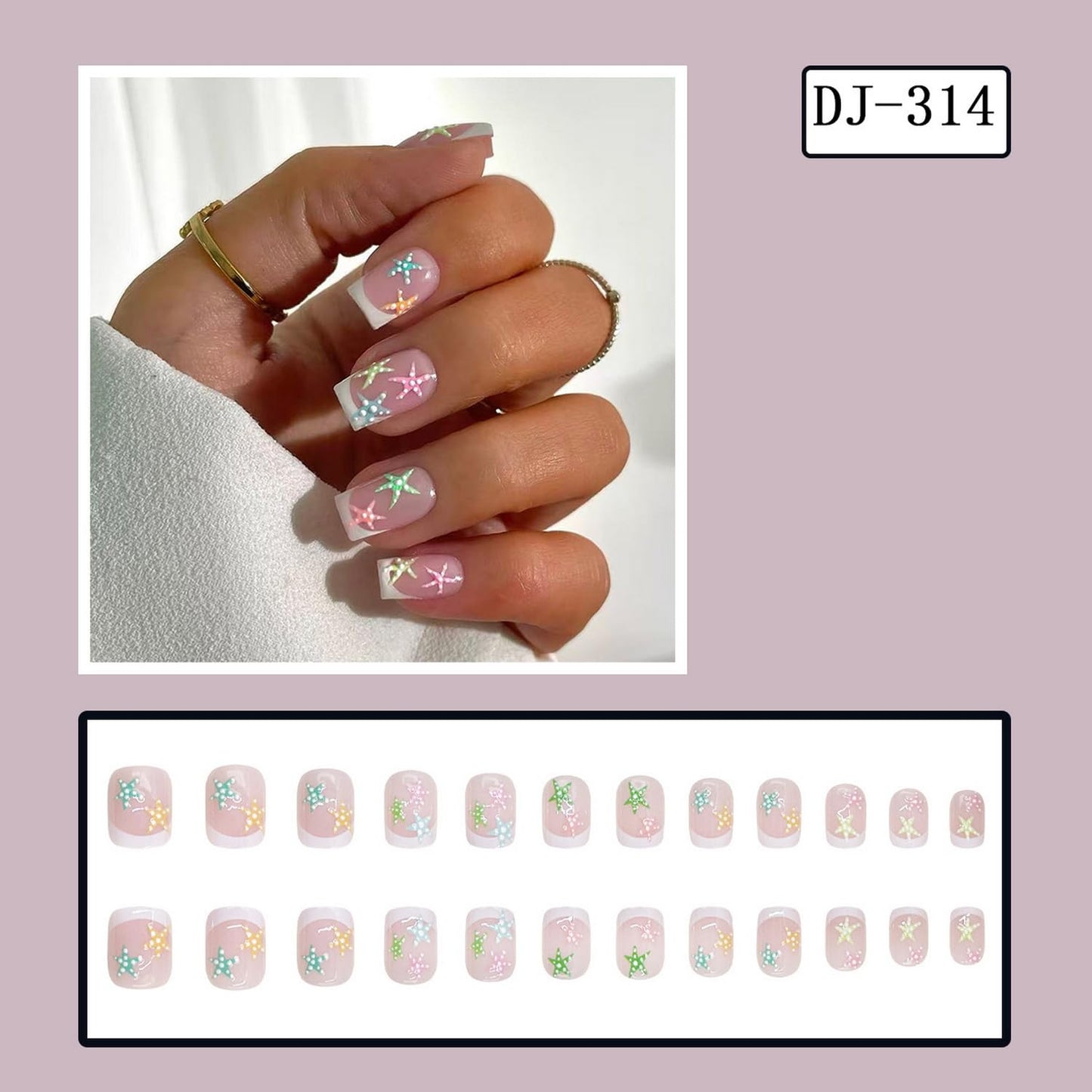 Summer Press on Nail White French Tip Fake Nails with Starfish designs Full Cover Embossed Stick on Nail Cute Glue on Nails Short Square False Nails for Women Beach 24pcs