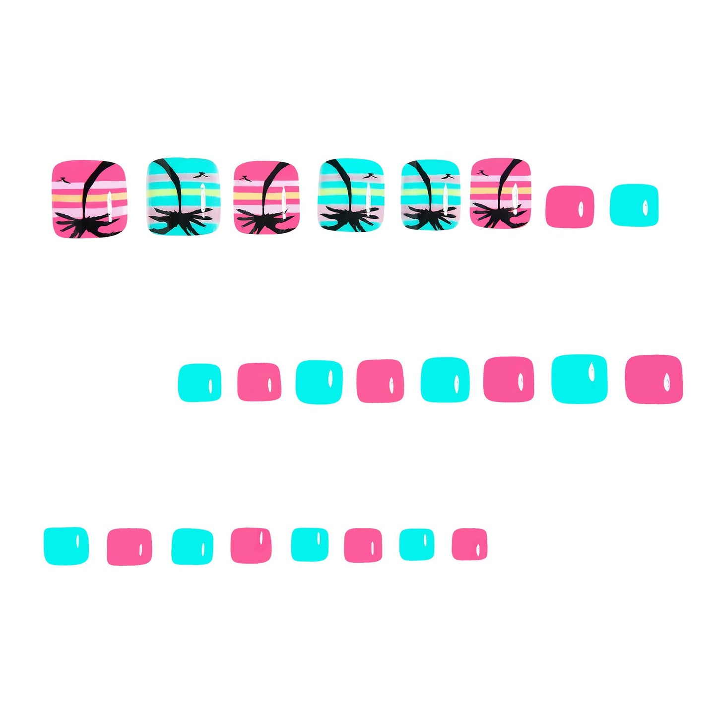 24Pcs Summer Beach Press on Toenails Short Square Fake Toe Nails with Coconut Tree Bird Designs Acrylic False Toenails Blue Pink Glossy Full Cover Glue on Toe Nails Artificial Toenails for Women