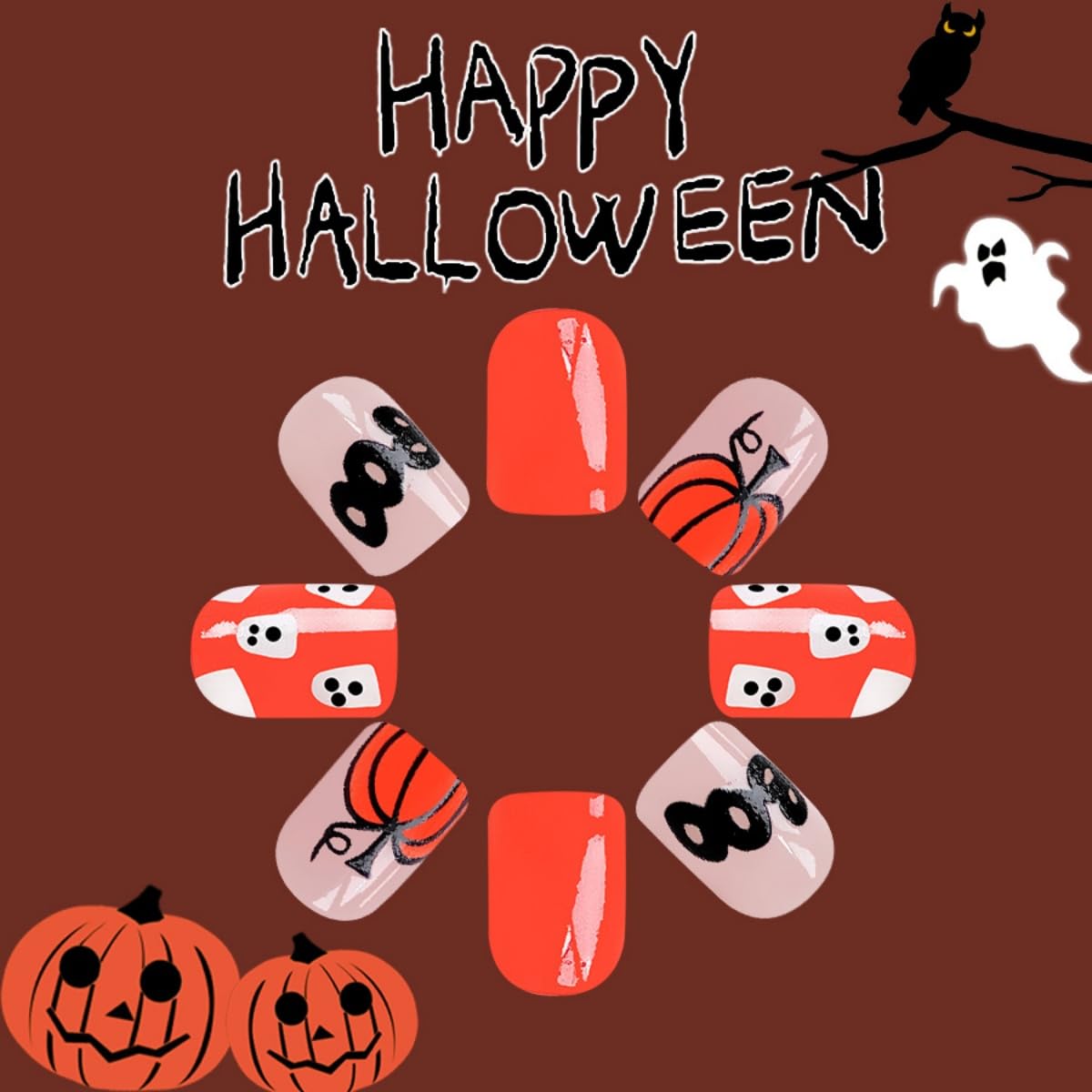 Halloween Press on Nails Short Square Fake Nails Ghost Pumpkin Bat Design Stick on Nails Orange Black False Nails Glossy Full Cover Acrylic Glue on Nail for Women Nail Art Decoration 24Pcs