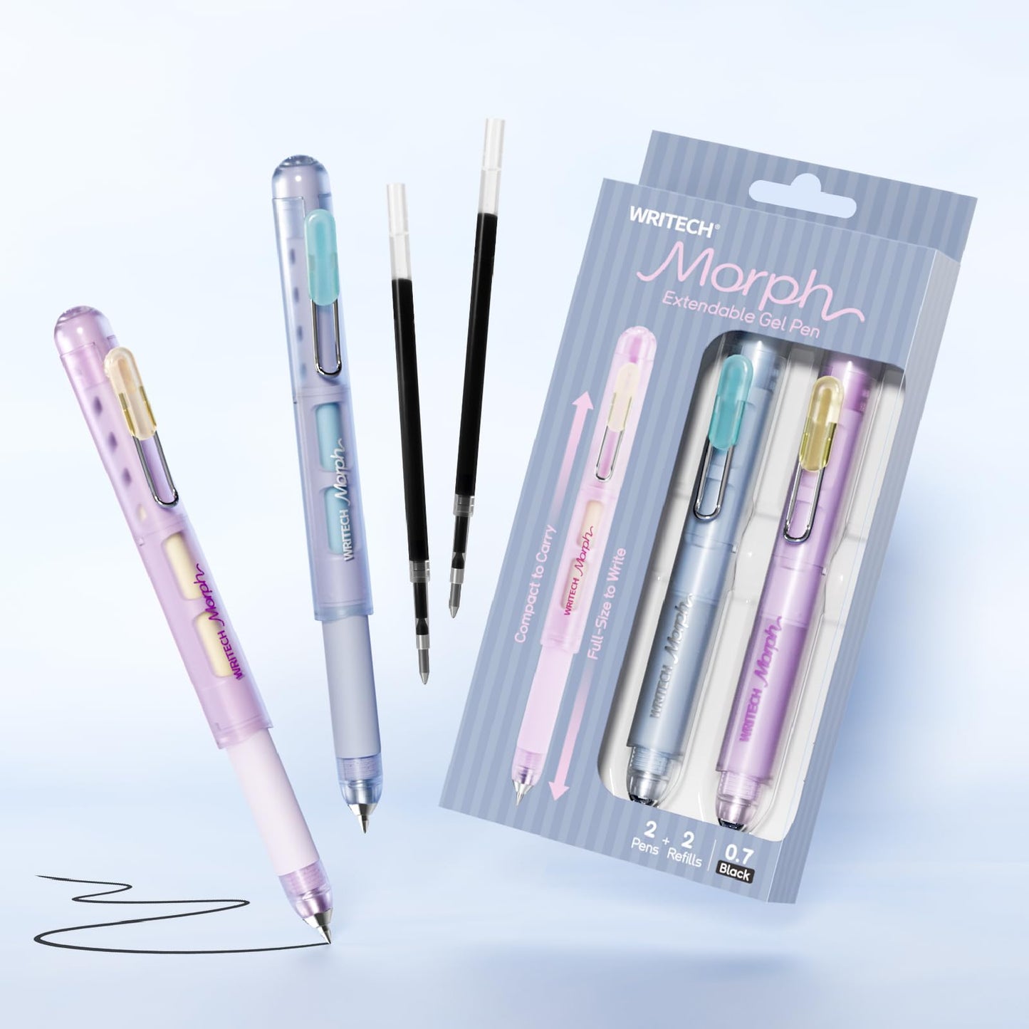 WRITECH Morph Extendable Gel Pens: 0.7mm Medium Point Black Ink Pocket-to-Full-Size Design Translucent Soft Grip Barrel Includes 2 Pens and 2 Refills Dual-Length Pocket Pen 4.6" to 6.1"