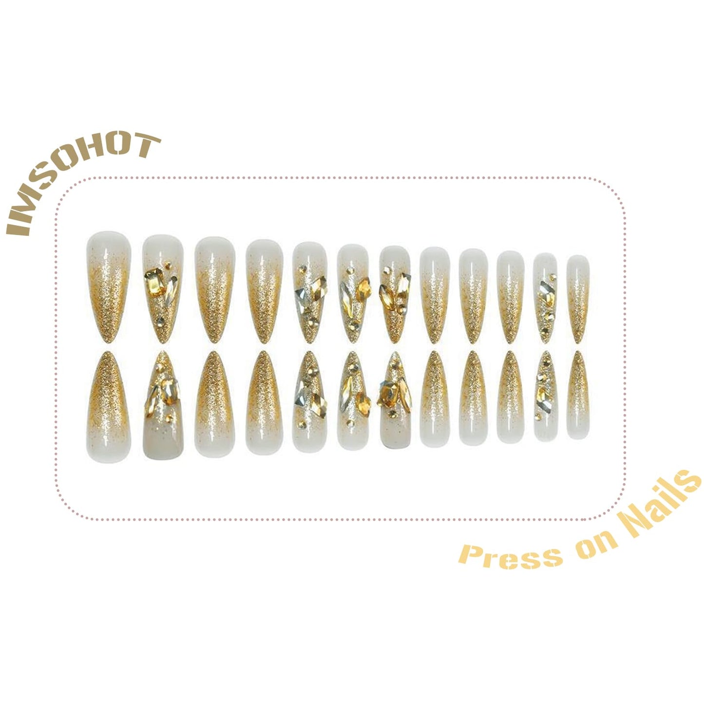 IMSOHOT Golden Press on Nails Long Stiletto Fake Nails Rhinestone & Glitter Full Cover Glue on Nails Glossy Acrylic Luxury Bling False Nails Handmade Artificial Stick on Fingernails