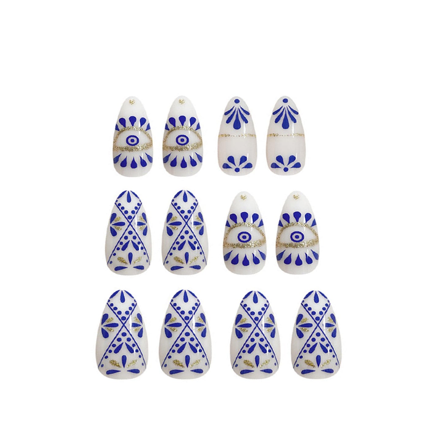 FJSMTOPl Almond Press on Nails - Boho Fake Nails Press ons - with Designs Blue False Nails - Acrylic Glue on Nails - Artificial Stick on Nails - for Women Manicure 24Pcs