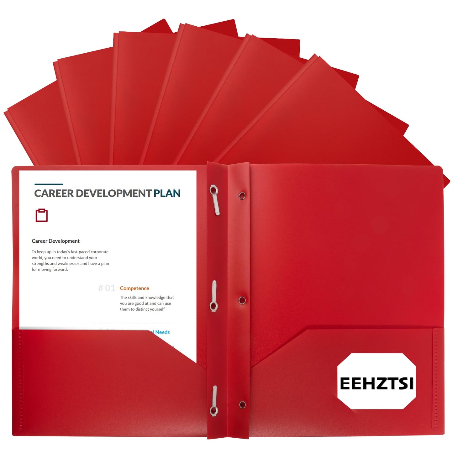 EEHZTSI 12-Pack Plastic Folders with Pockets and Prongs, 2-Pocket Poly Folders with 3 Fasteners Holds 8-1/2" x 11" Paper for School/Office/Home, Red