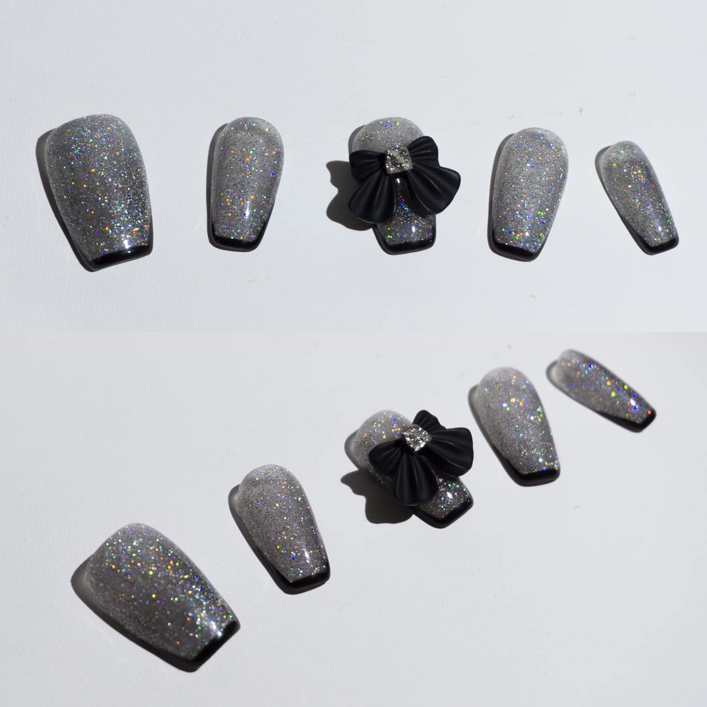 Light Rain Press on Nails - Dark Angel, 3D Bling Handmade with Bow Reusable Gel UV Finished Black False nails, Hand-Painted Fake Nails with Design by Professional Manicurist, Short Coffin, Large Size