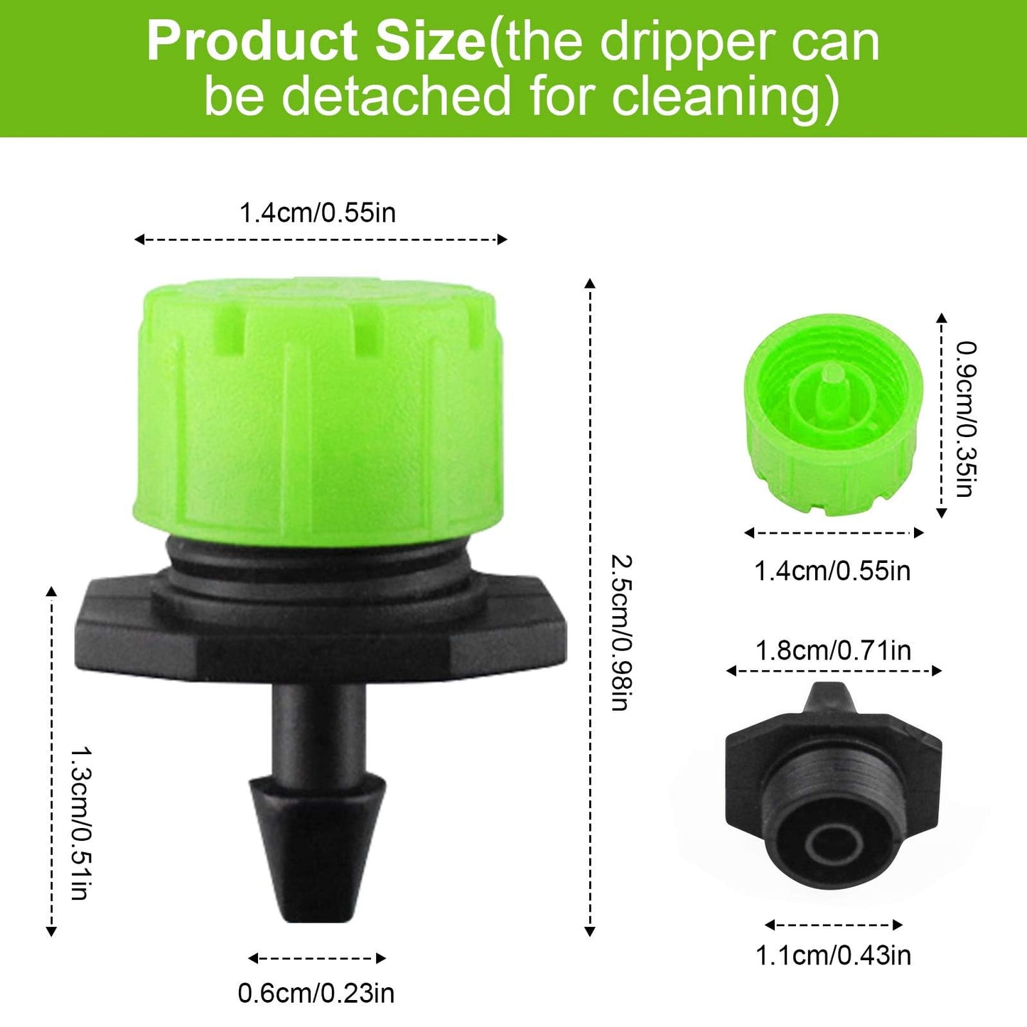 Kalolary 200Pcs Adjustable Irrigation Drippers, 1/4 Inch Barbed Drip Emitter 360 Degree Watering Sprinklers Anti-Clogging Drippers for 4mm/7mm Garden Watering System（Green）