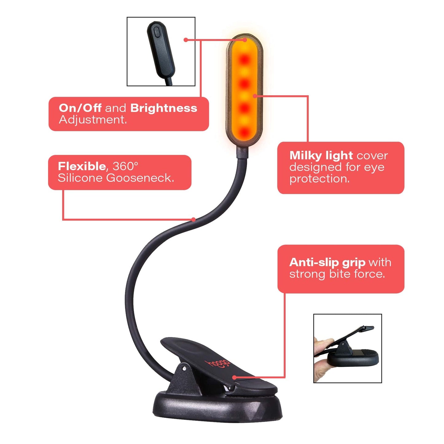 hooga Amber Book Light – Blue Light Blocking Reading Light for Bed, Stepless Dimming, Rechargeable Clip-On Night Light, 1600K Amber & 625nm Red LED for Night Reading