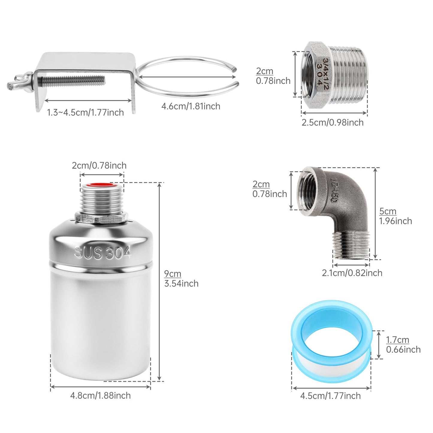 2 Pack Water Float Valve,1/2" to 3/4'' 1'' 304 Stainless Steel Fully Automatic Water Level Controller Float Valve
