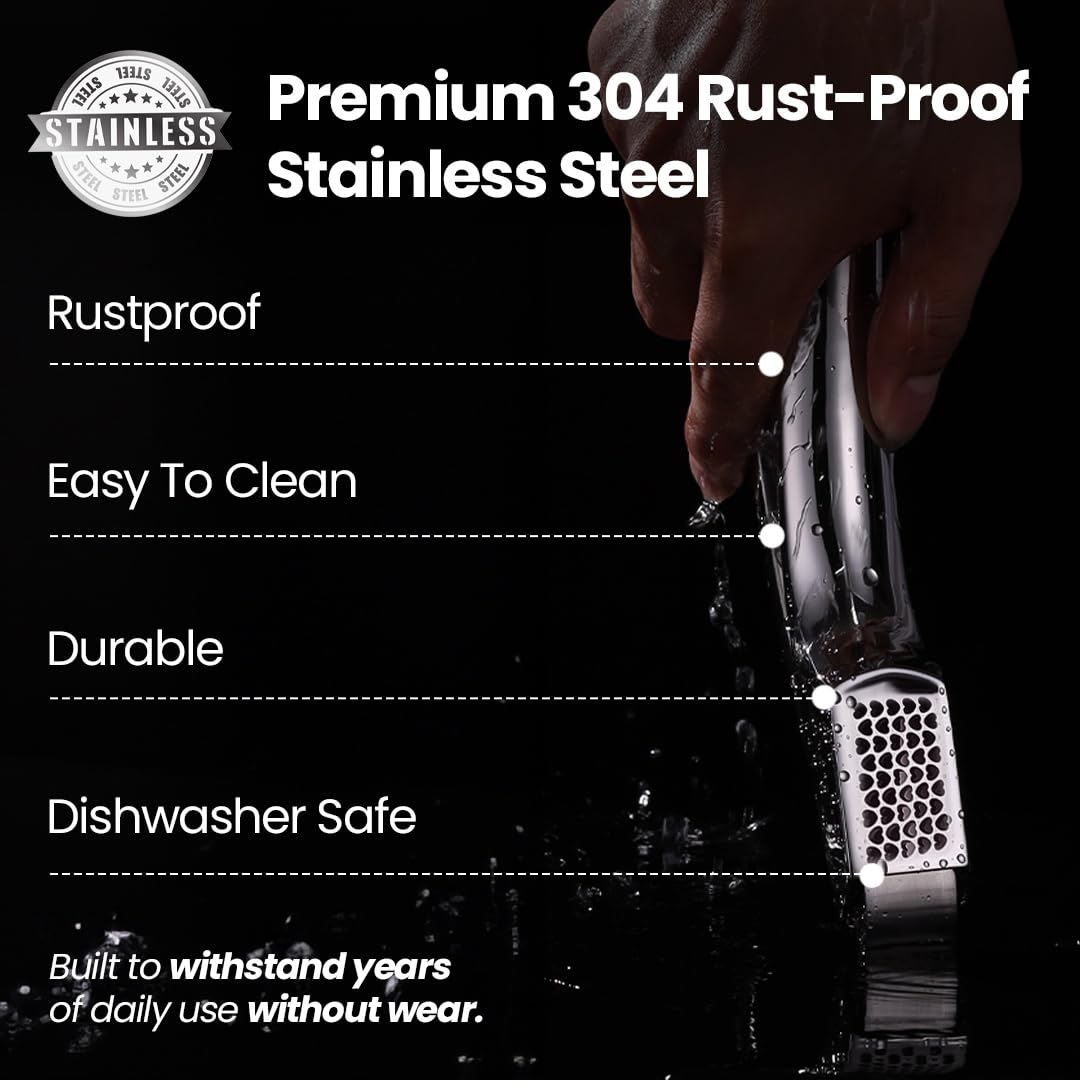 No Peeling Required Garlic Press Stainless Steel with Detachable Handle for Coarse Mincing - Premium Garlic Mincer Tool, Rust-Proof, Easy to Clean, Dishwasher Safe Garlic Crusher, Lifetime Replacement
