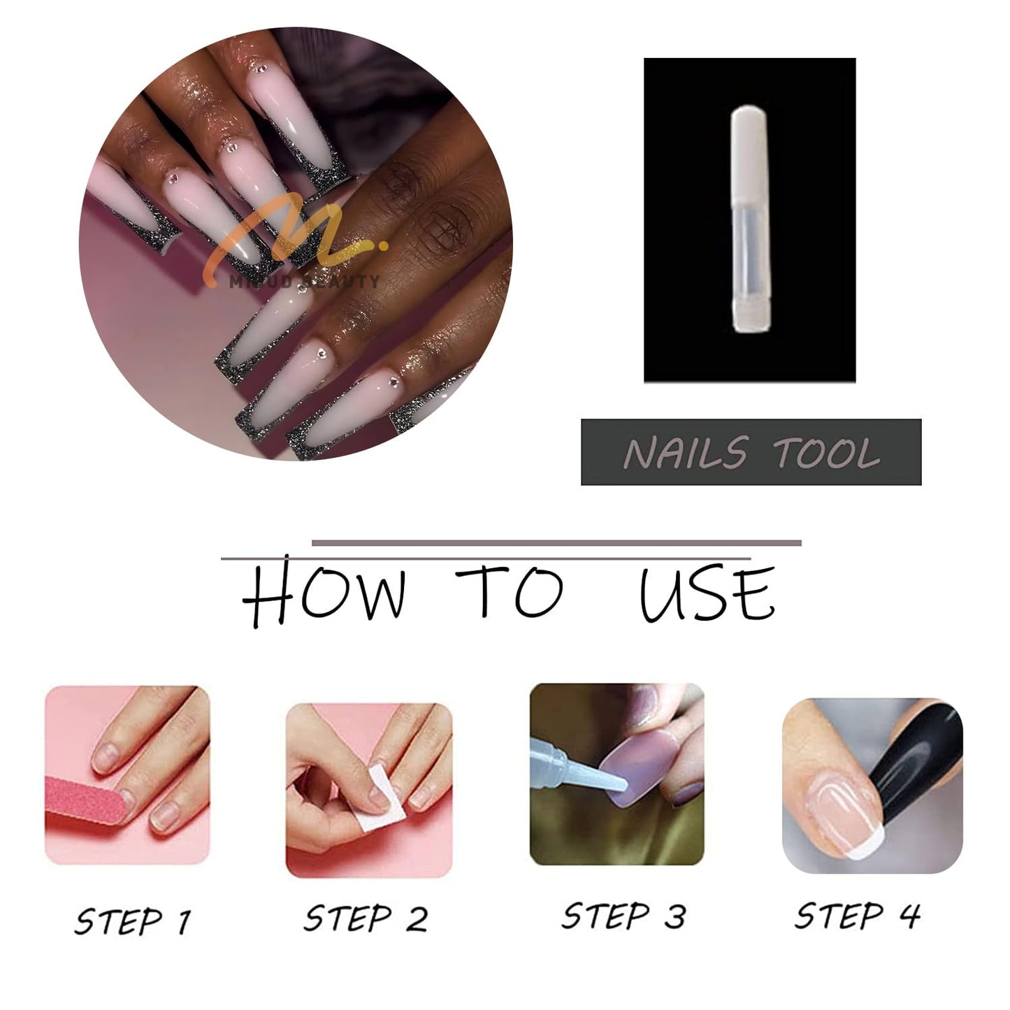 MISUD Press on Nails - Long Square Fake Nails with Black French Tip, Acrylic Bling Glitter Design 24 pcs