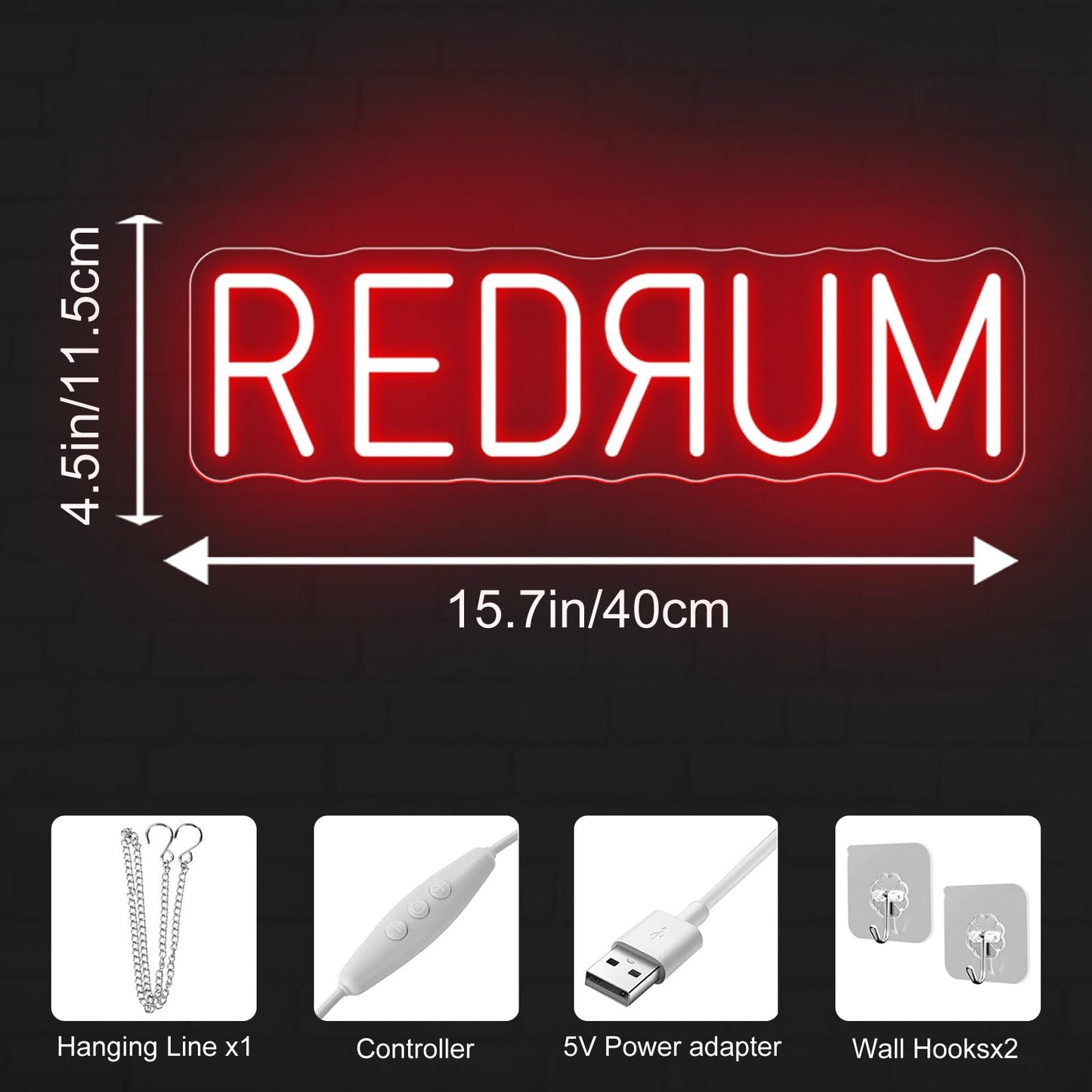 Redrum Neon Sign, Horror LED Wall Light, Creepy Room Decor, Halloween LED Light, Man Cave Decor, Spooky Bar Sign, Chilling Room Decoration, 15.7"x4.9"