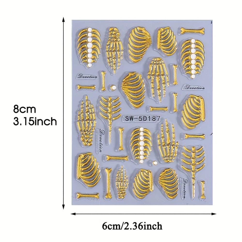 3Pcs Skull & Ribcage 5D Nail Stickers - Y2K Gothic Horror Design, Self-Adhesive Foil Decals Halloween Nail Art, Single-Use Plastic Embossed Animal Print, Golden, White, Rose Gold Skull Nails Decals