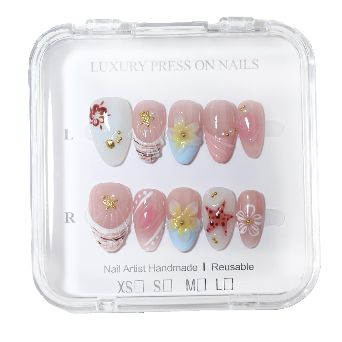 10Pcs Short Almond Handmade Press On Nails | Easy Apply & Remove, Reusable Salon Quality Nails | Fresh Nude Pink Fake Nails with 3D Floral, Starfish & Seashell Accents (RR08, S)