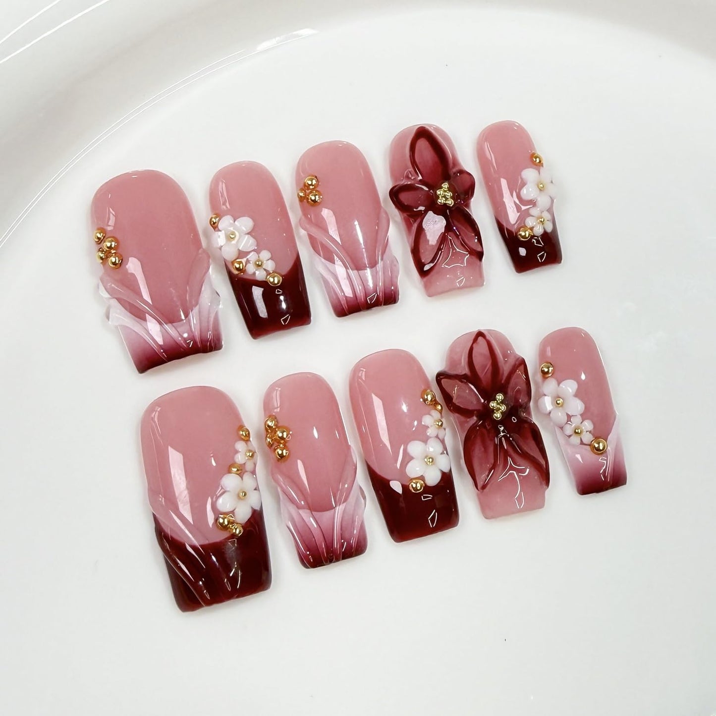 10 Pcs Handmade Press on Nails Gradient French Tip Acrylic Nails Medium Square Fake Nails with 3D Flower Design Full Cover Artificial Stick on False Nail for Women (M)
