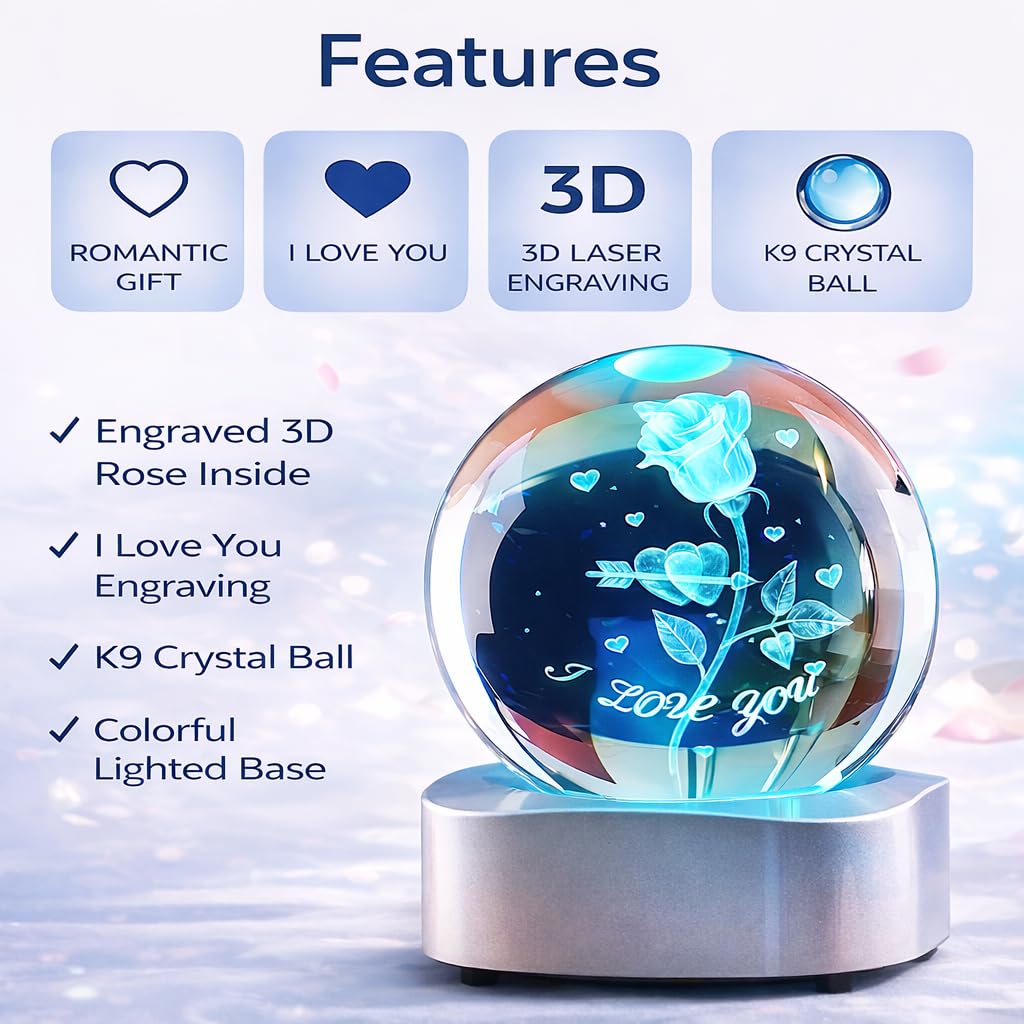 Zerelys Valentine’s Day Romantic Gift for Him Her -3D Rose Crystal Night Light Gifts for Girlfriend Wife Husband Couples Wedding Anniversary Birthday Keepsake with Automatic Rotating Light Led Base