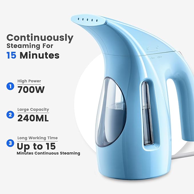 HiLIFE Steamer for Clothes, Portable Handheld Design, 240ml Big Capacity, 700W, Strong Penetrating Steam, Removes Wrinkle, for Home, Office(ONLY FOR 120V) (Sky Blue)