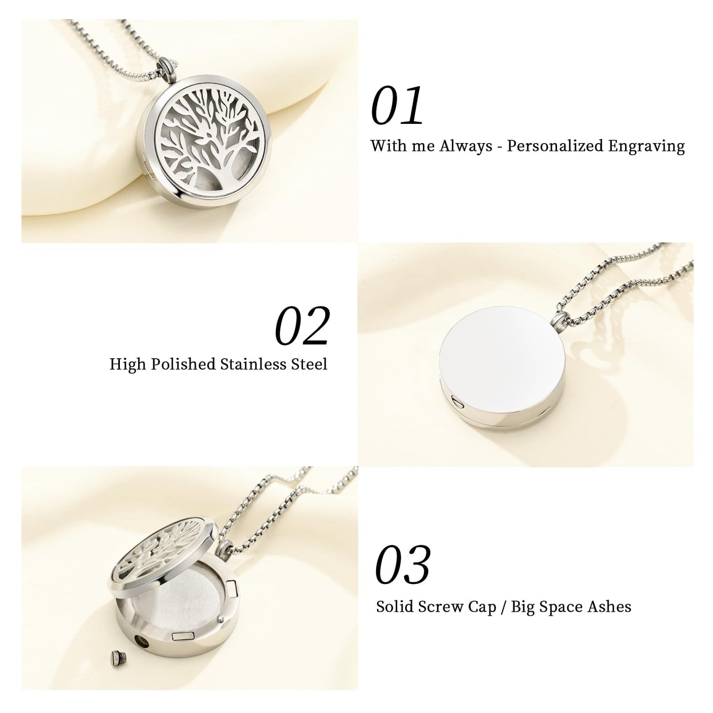 Minicremation Stainless Steel Paw Print Round Perfume Essential Oil Diffuser Pendant Necklace Women Aromatherapy Essential Oil Diffuser Locket Pendant Necklace, with Refill Pads (Silver-Tree of Life)