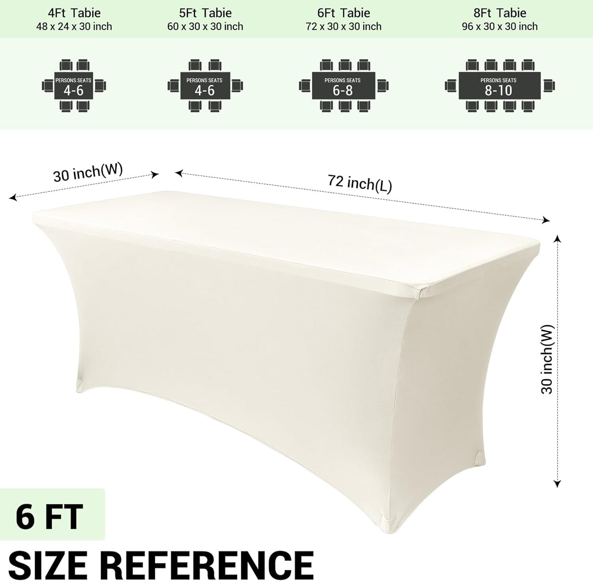 Obstal 6ft Stretch Spandex Table Cover for Standard Folding Tables - 2 Pack Universal Rectangular Fitted Tablecloth Protector for Wedding, Banquet and Party, 72L x 30W x 30H Inches, Cream, 2pc