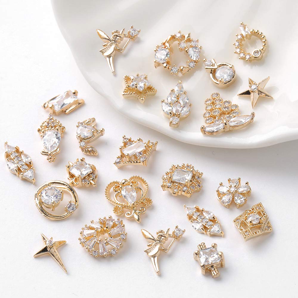 HNUIX Nail Charms and Gems - Gold Copper Zircon, Multiple Shapes, Metal Jewelry Rhinestones Charms, 22Piece