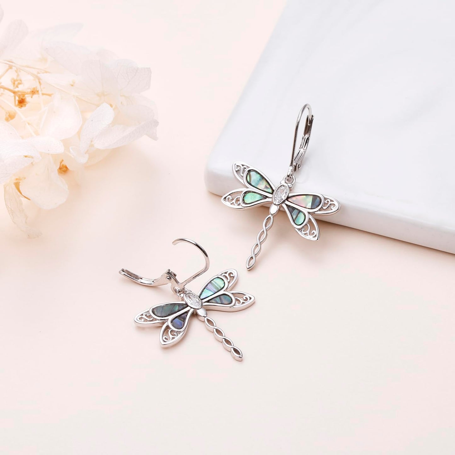 SHAOAN Dragonfly Dangle Drop Earrings 925 Sterling Silver Abalone Shell Leverback Earring Jewelry Gifts for Women