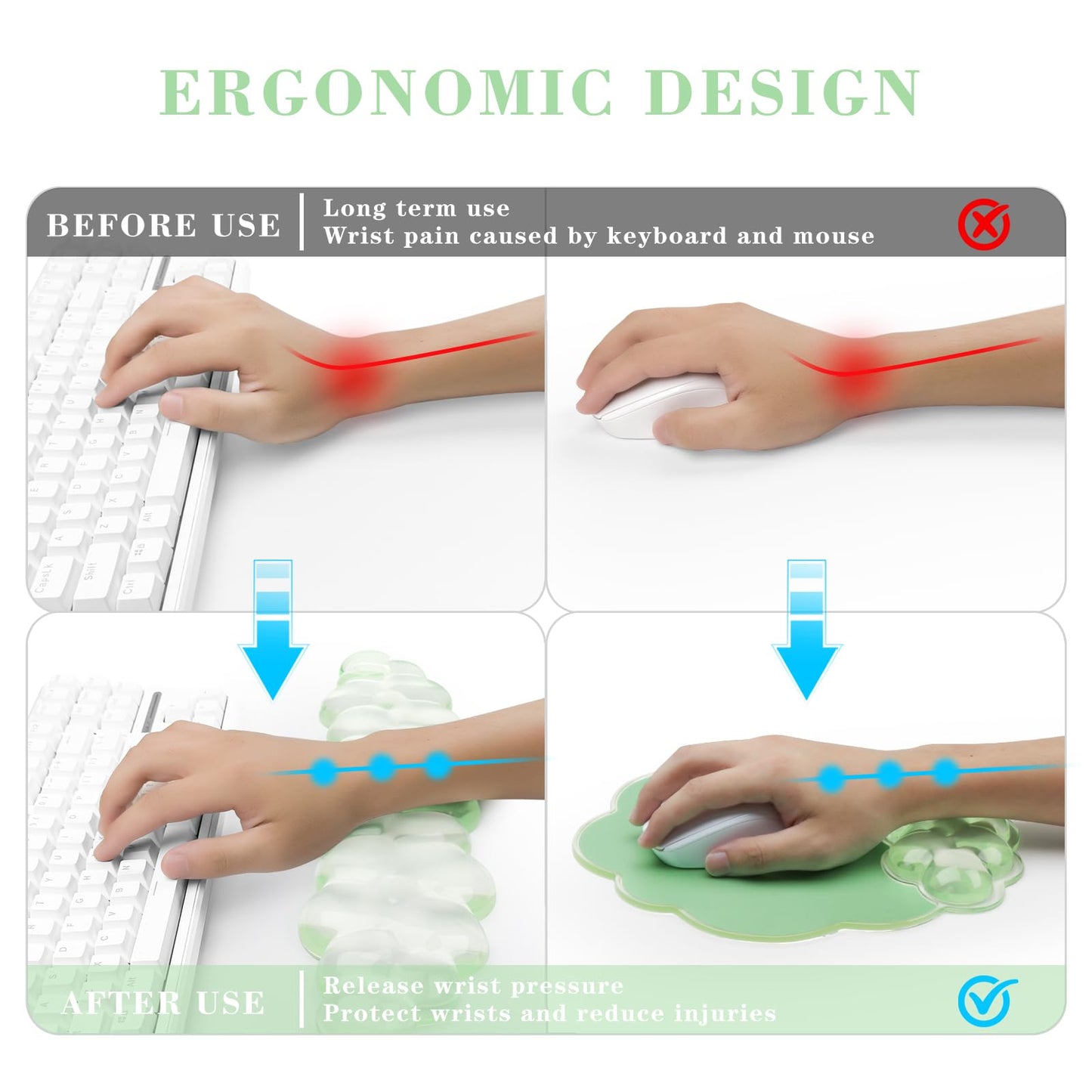 Gel Cloud Keyboard and Mouse Wrist Rest, Cute Wrist Support and Arm Support Rest for Typing Pain Relief，Suitable for Office/Computer/Laptop/Gaming Set-Green