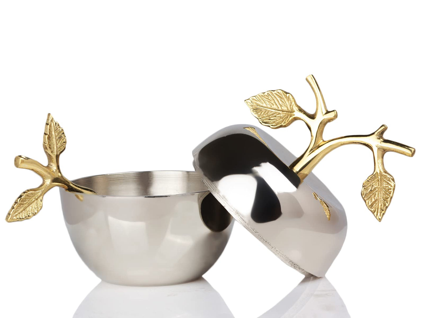 Silver Honey Jar Dish, Apple & Leaf Honey, Jam Server with Dipper Spoon Ideal for Serving Honey, Jams, Jellies, Gorgeous Gold Leaf Spoon, Stainless Steel & Brass, Everyday Rosh Hashanah & any Occasion