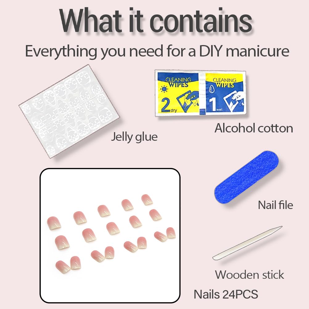 24Pcs Acrylic Press on Nails Short Square RUPOFUZA Fake False Nails with Pink Ombre Press ons Designs Nail Press on Artificial Stick on Nail for Women