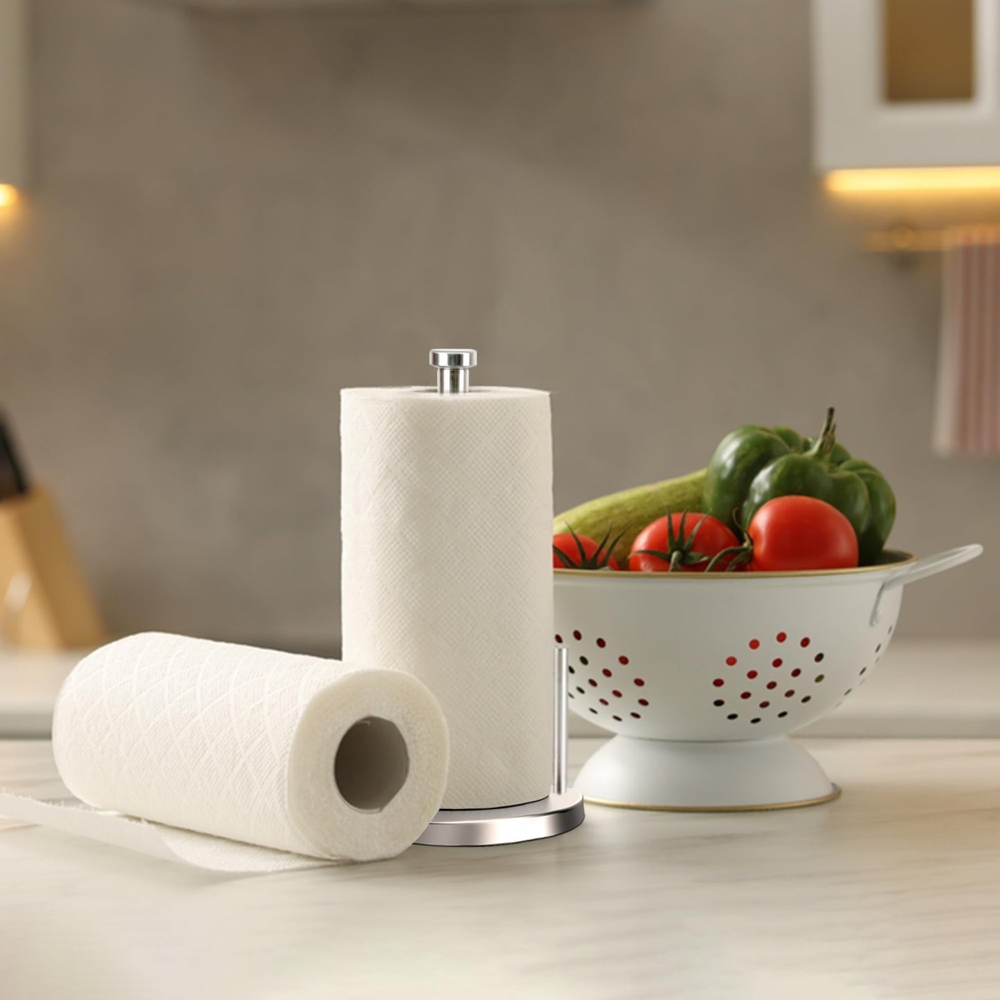 Steelware Central Paper Towel Holder with Side Rod, Stainless Steel, Easy Tear Dispenser for Home Kitchen Countertop Tabletop (Silver)