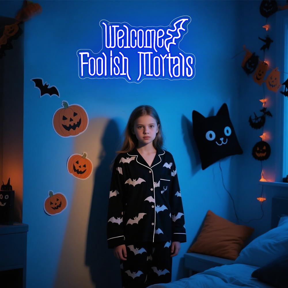 RuCvixkt Welcome Foolish Mortals Neon Sign, Halloween LED Neon Signs for Wall Decor, Spooky Gothic Haunted Mansion Decor, Coffin Led Neon Light Gift for Boy, Party, Man Cave, Haunted House(Blue)