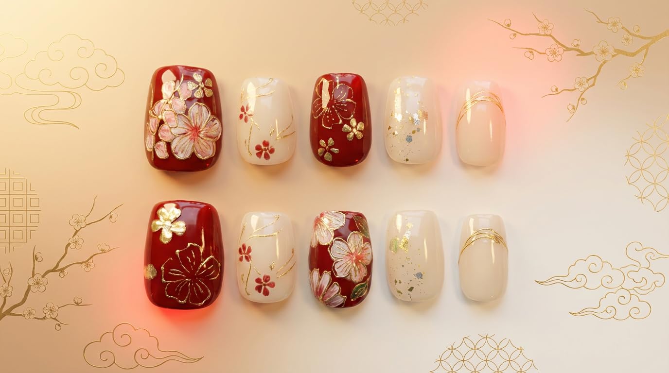 Bridal Bouquet - Handmade Short Coffin Press on Nails Red White Fake Nails with Blossom Design 10Pcs Size L Complete Kit Press Ons - Eli Miré