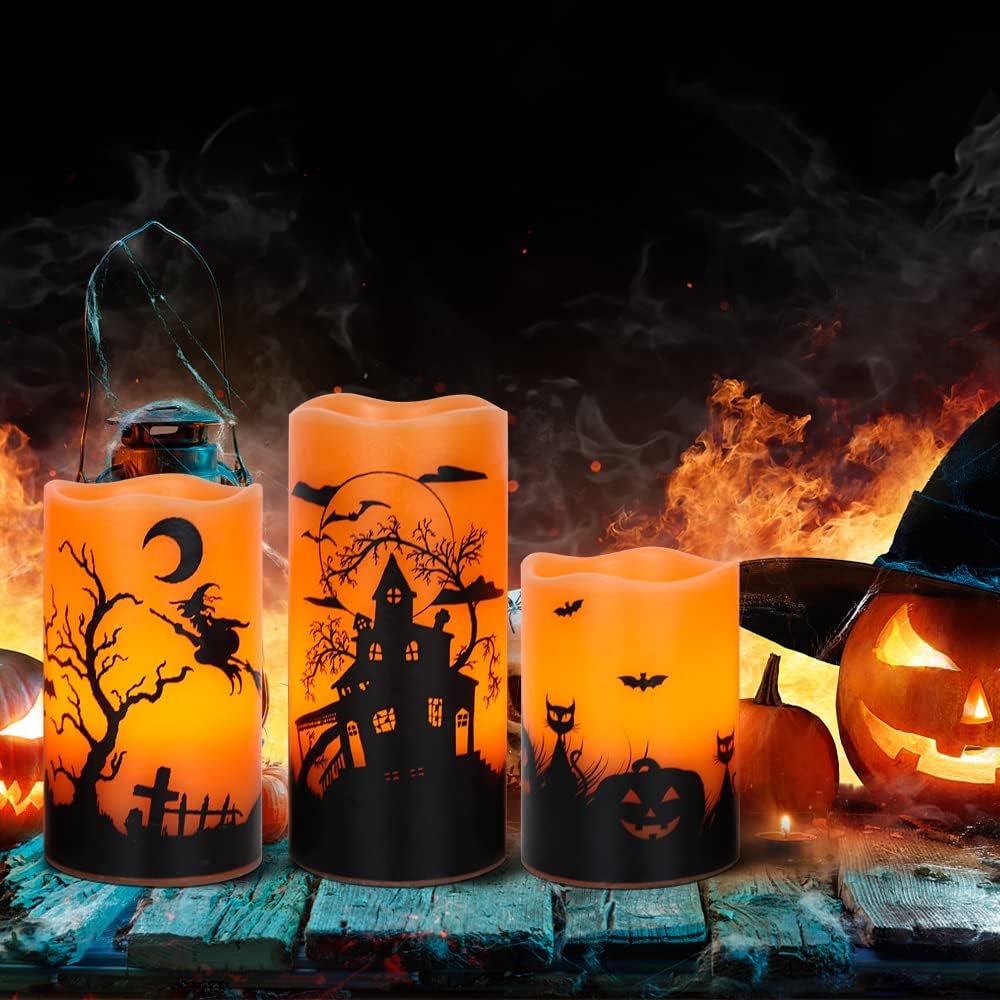GenSwin Halloween Candles with Timer, Flickering Flameless Candles Battery Operated, 3 Pack Real Wax Pillar Candles for Halloween Home Decorations(D3” x H4”5”6”)