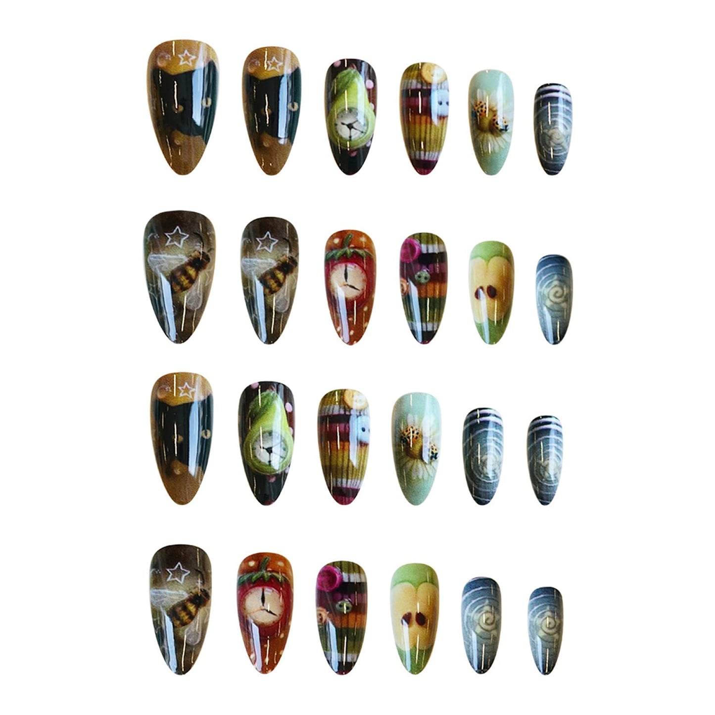 IMRAIN Press on Nails Medium Almond Fake Nails Glossy Acrylic False Nails with Cute Pattern Design Y2K Glue Stick on Nails for Women Girls 24Pcs