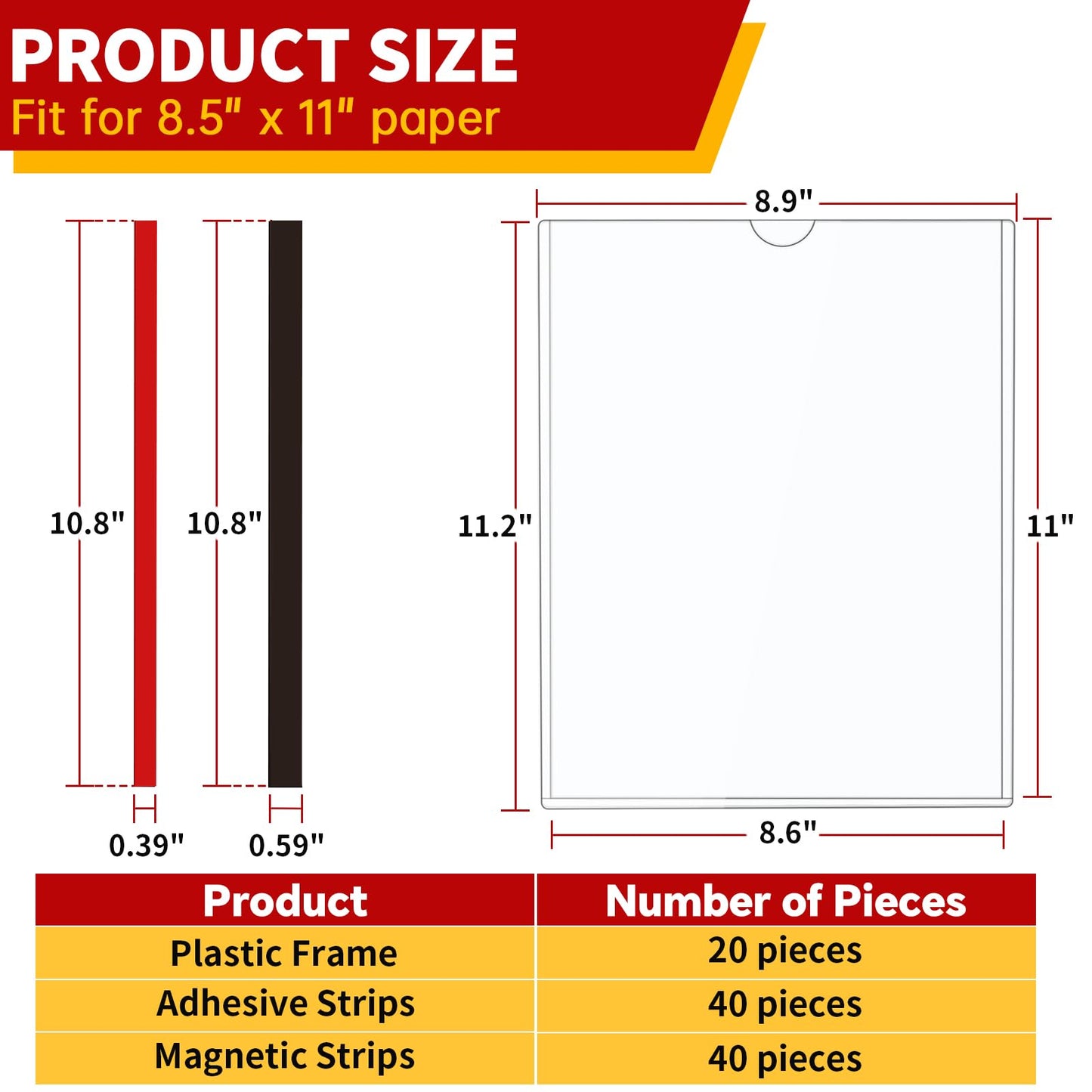 JR-MOV Magnetic Sign Holder 8.5 x 11 - Clear Plastic Frame for Refrigerator, Rigid Paper Holder for Picture Document, Adhesive Frames for Wall Window Door Sign 20 Pack