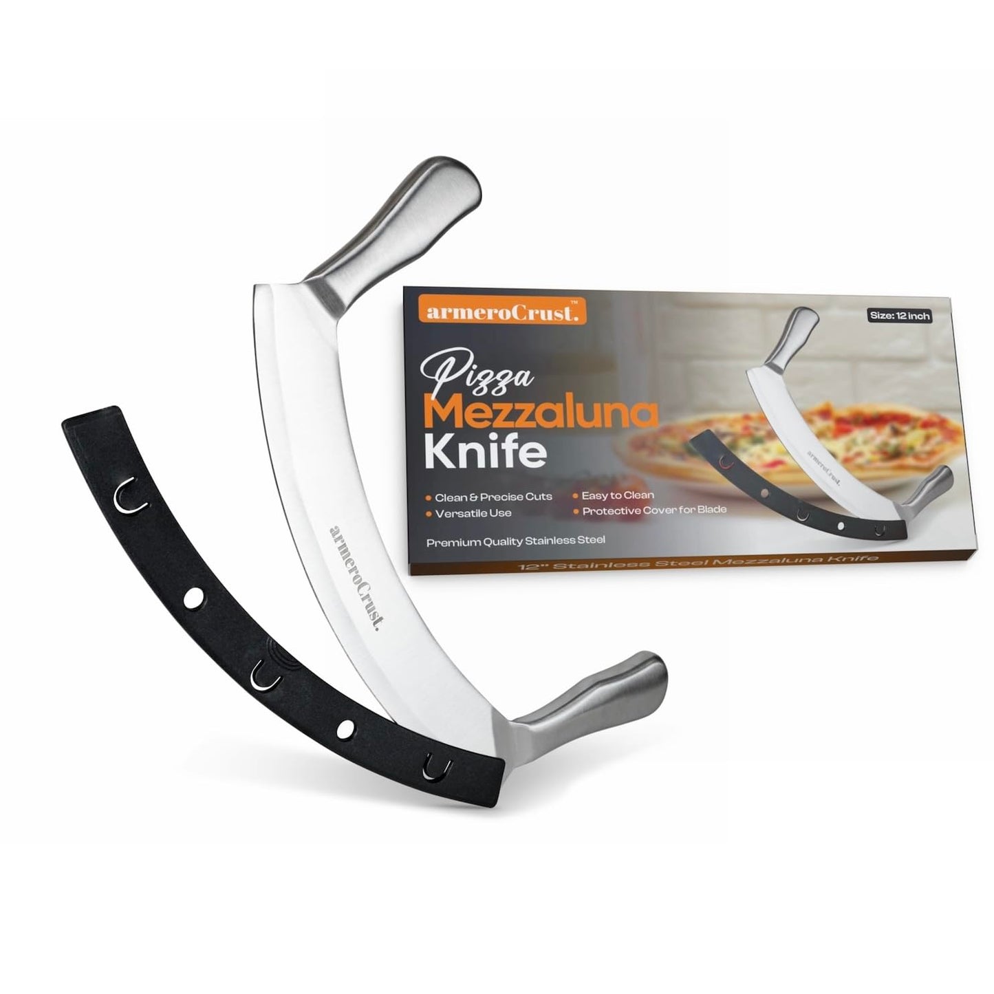 armeroCrust Mezzaluna Knife with Double Handle for Extra Stability - 12 Inches - Pizza Rocker for Precise Slicing of Thick Crust - Grade 18/0 Stainless Steel with Premium Finish