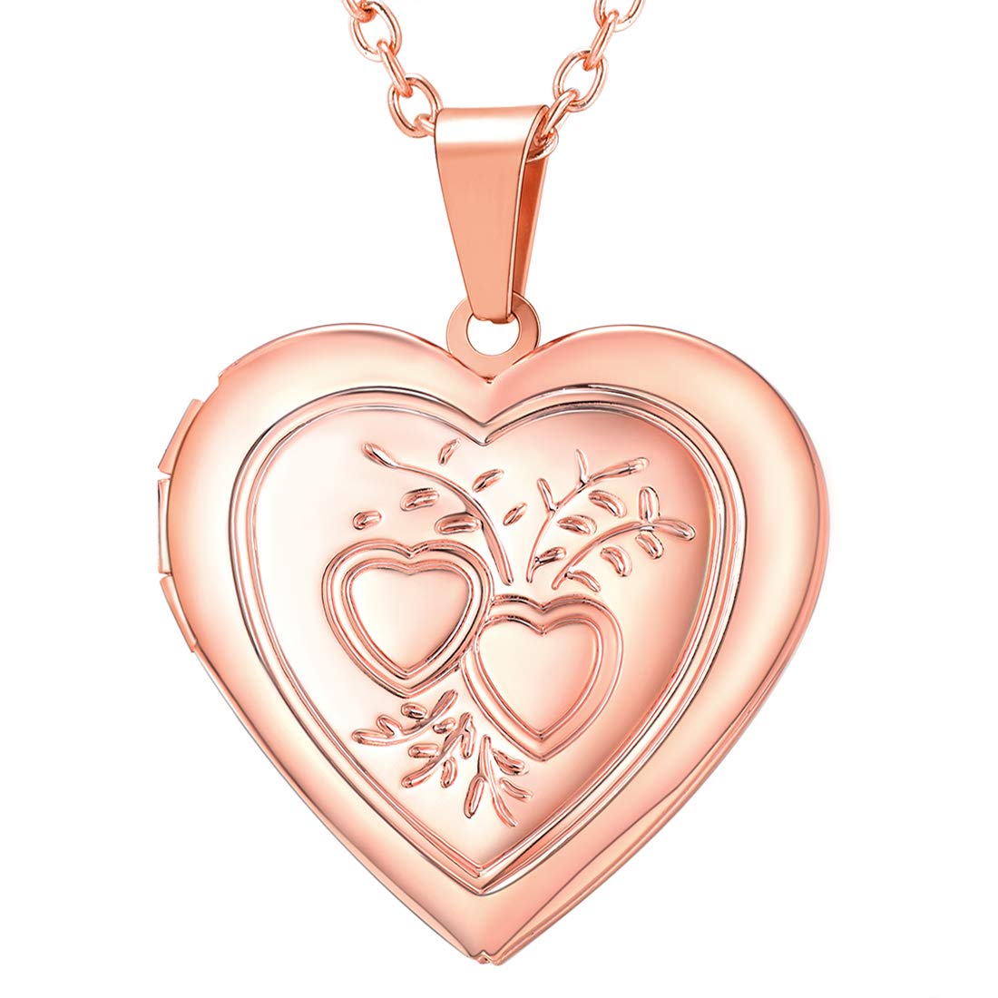 U7 Women Rose Gold Plated Heart & Heart Photo Locket Necklace That Hold Picture, with Gift Box
