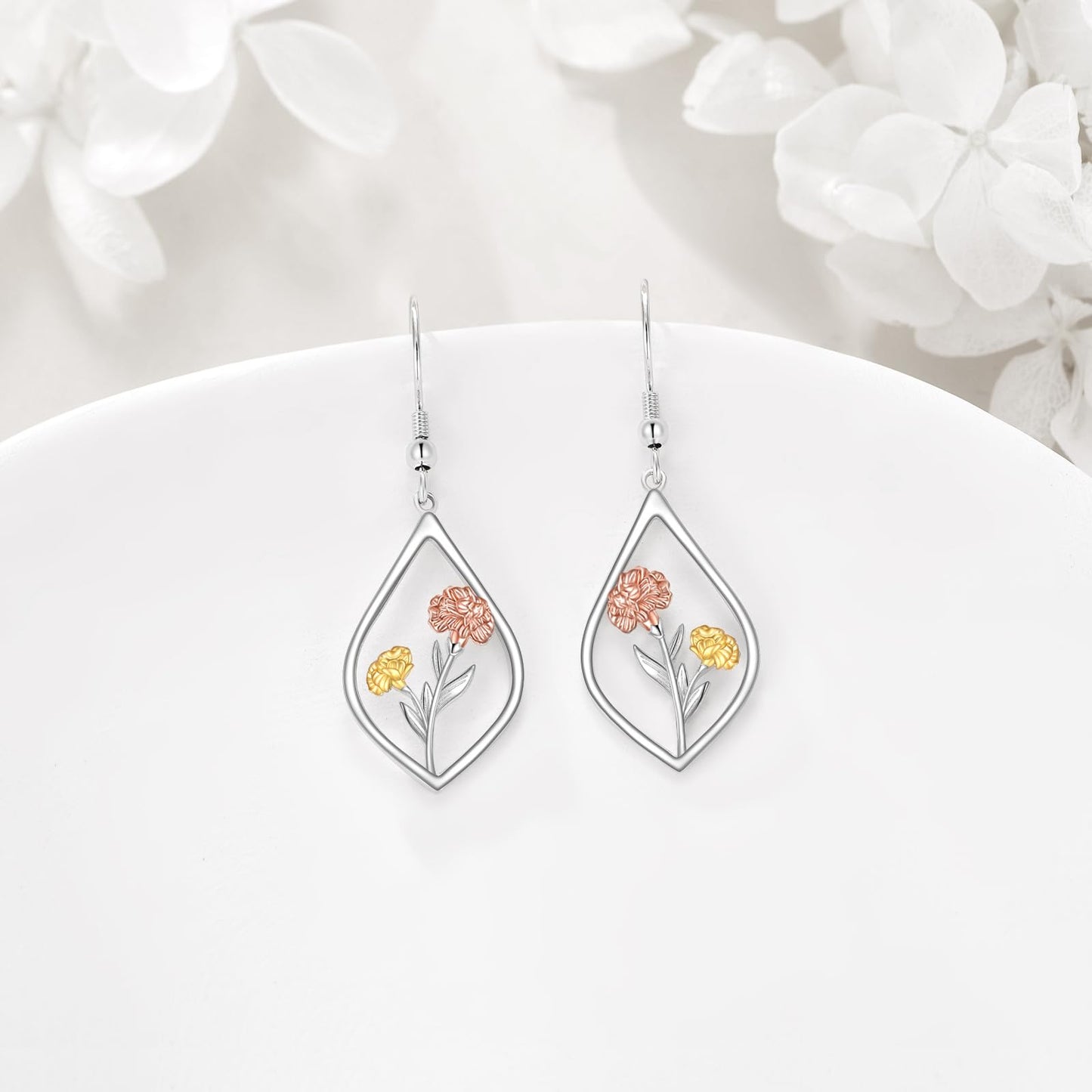 Carnation Earrings 925 Sterling Silver January Birth Flower Dangle Earrings Teardrop Jewelry Gifts For Women