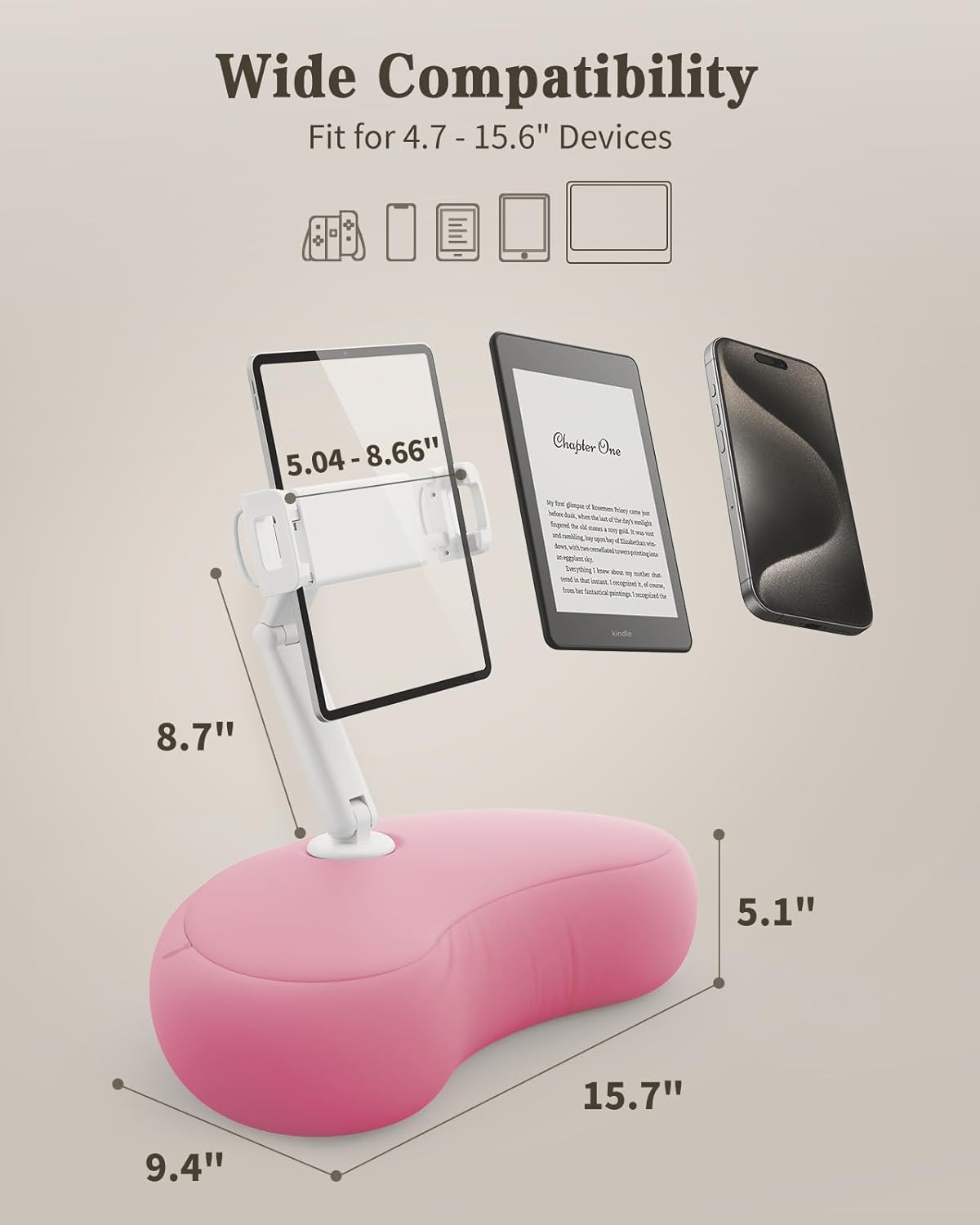 SAIJI Kindle Pillow Stand, iPad Stand Compatible with 4.7”-15.6” Kindle, Phone, iPad, 360° Adjustable Tablet Holder for Bed with Flexible Dual Axis Arm and Microbead Cushion (Pink)