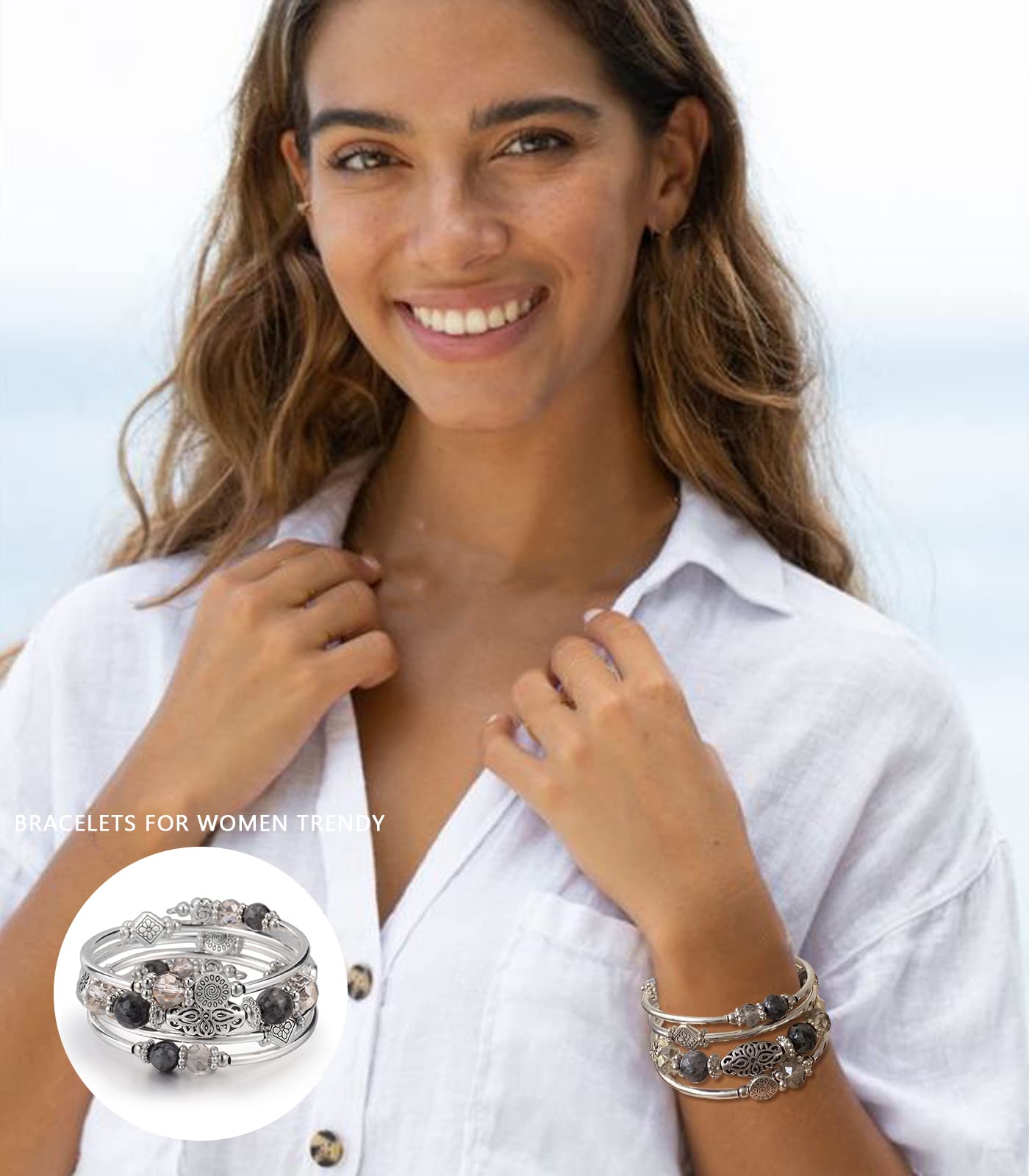 FULU AUTUMN Stackable Beaded Bracelets for Women Boho Wrap Silver Bracelet Layered Fashion Jewelry Gifts for Her(Grey)