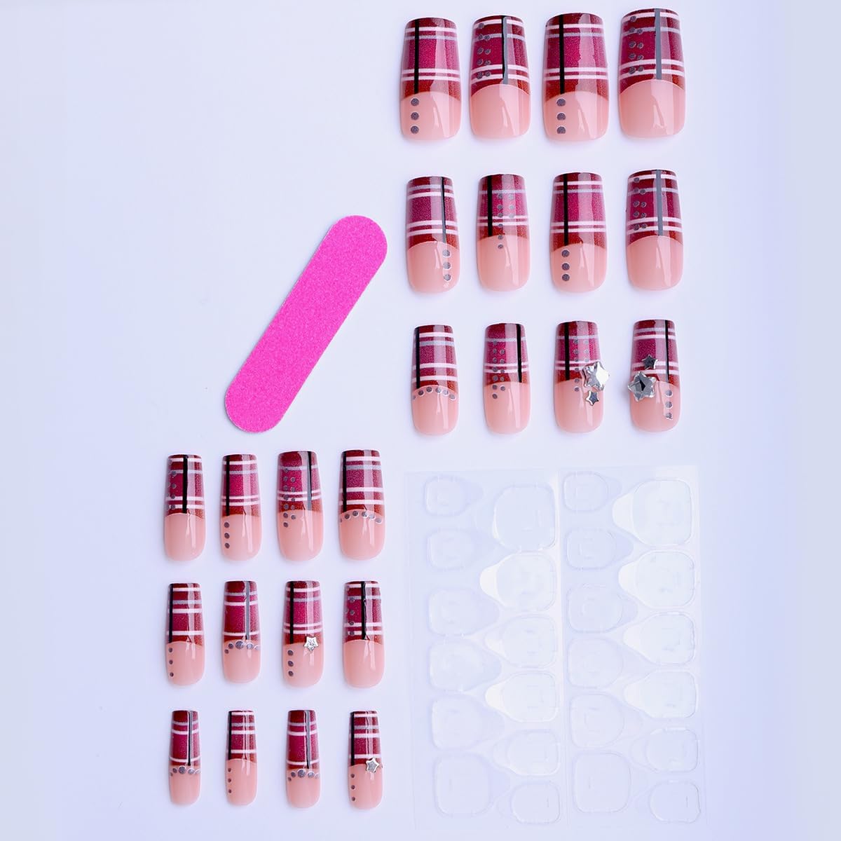 plalely Square Press on Nails Long Purple Fake Nail Acrylic Nail Press ons Stripes Stick on Nails for Women 24pcs