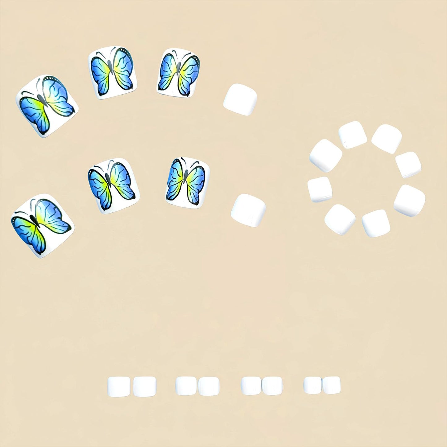 Spring Press on Toenails White Fake Toe nails with Blue Butterfly Design Glossy Short Square Toe nails Press ons Acrylic Stick on Toenails for Women 24Pcs