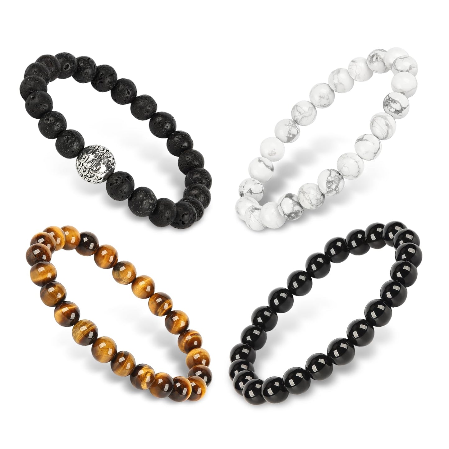 Vipsgem Tiger Eye Bracelet Genuine Natural Mens Bracelet For Men Unisex 8mm 10mm 12mm Medium Large Sizes Premium Black Obsidian Gift Waterproof Jewelry Set