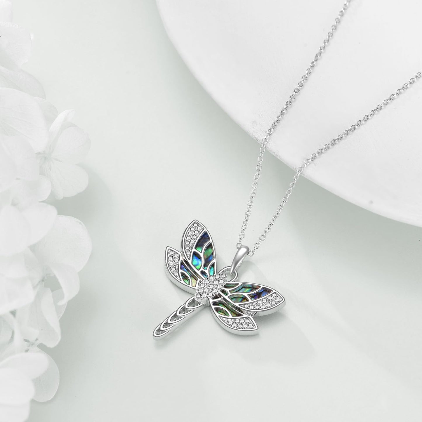 KQF Dragonfly Necklace 925 Sterling Silver Filigree Dragonfly Pendant Abalone Shell Jewelry Gift for Women Mom Daughter