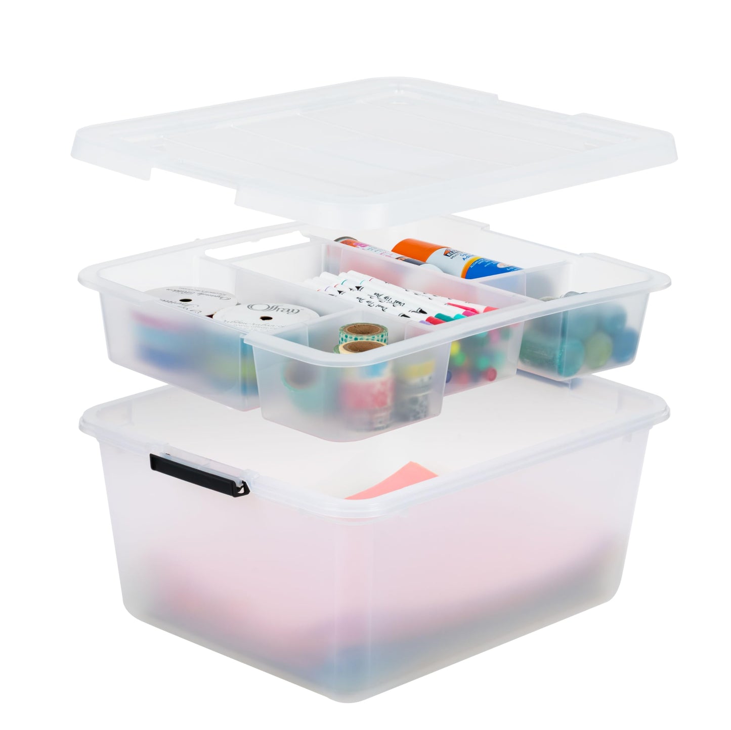 IRIS USA 18 QT Clear Storage Organizer with Removable Dividers, Stackable Plastic Storage Box with Lid, Modular Container for Crafts, Tools, Office & Pantry Organization