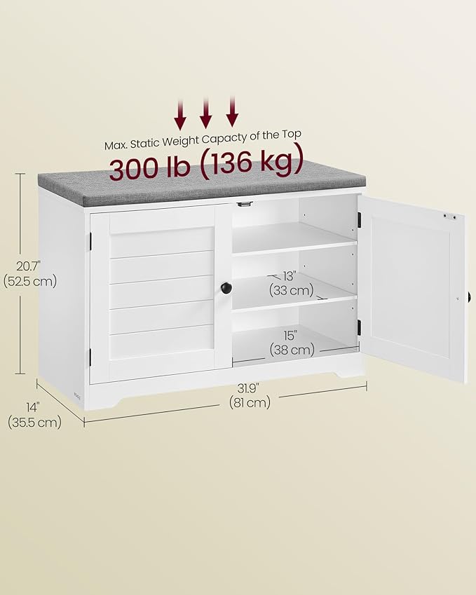 VASAGLE Shoe Storage Bench with Cushion, 3-Tier Entryway Bench with Padded Seat, Doors, Adjustable Shelves, 14 x 31.9 x 20.7 Inches, for Hallway, Bedroom, Cloud White and Dove Gray ULSB034W01