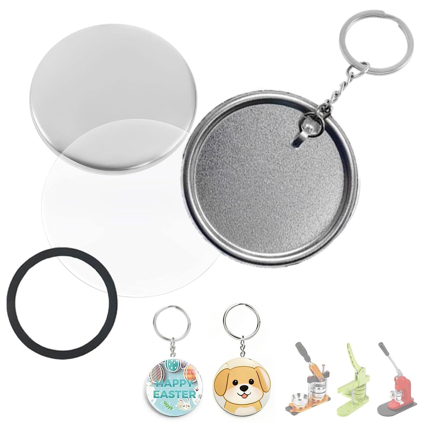 Rntfunre 200 PCS 58mm/2.25 inch Button Maker Keychains Supplies, Metal Badge Sets with Metal Shell Back Cover, Transparent Film and Chain Head