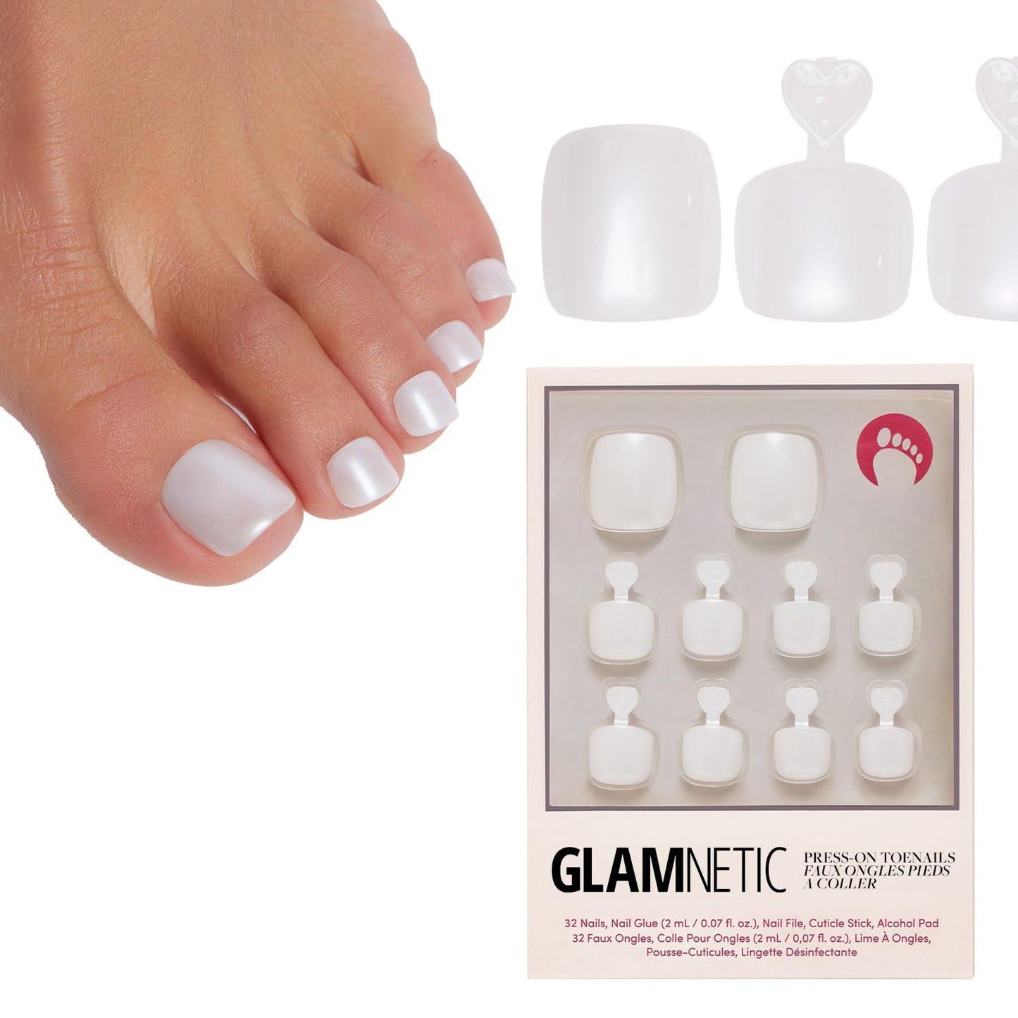 Glamnetic Press On Toenails - Hailey | Soft Pearl White Fake Toe Nails with a Glazed Finish | 16 Sizes - 32 Toe Nail Kit with Glue