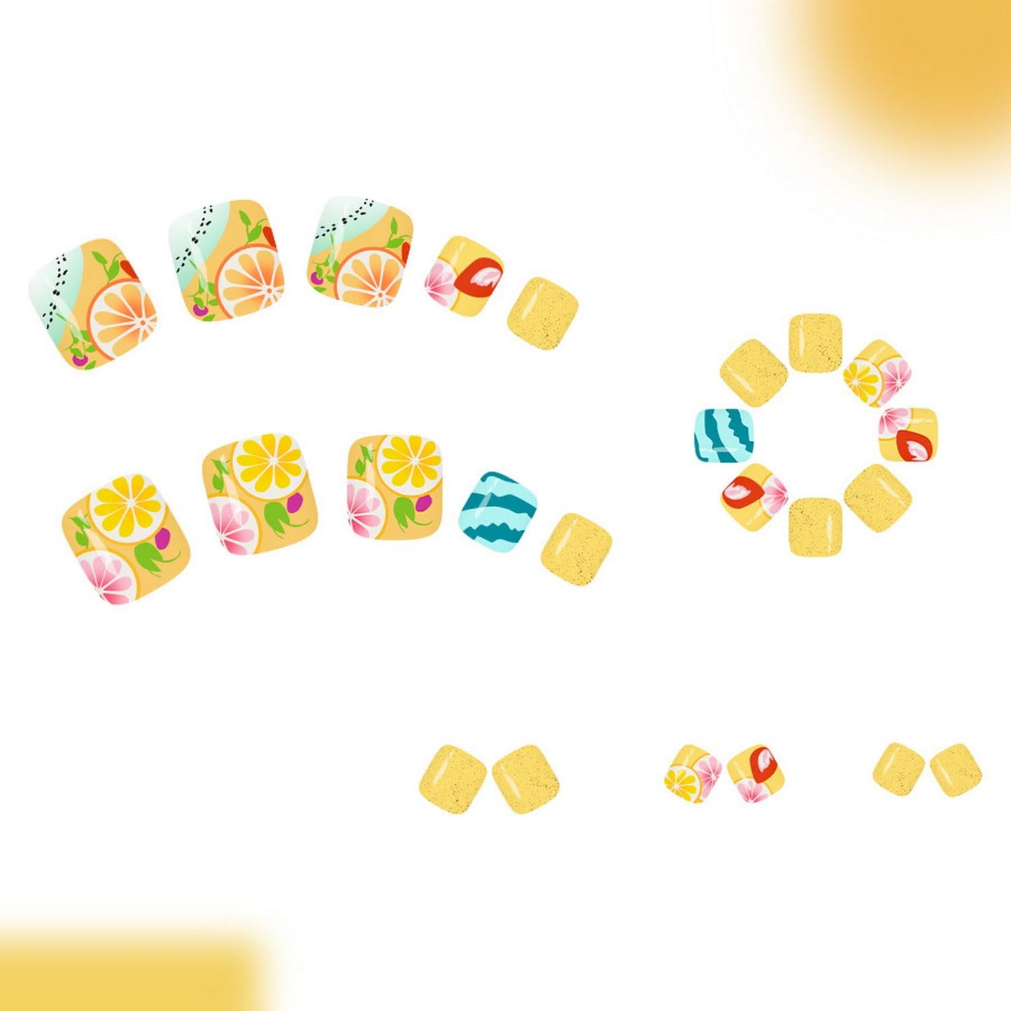 Summer Press on Toenail Short Square Fake Toenails Full Cover Yellow Press ones with Lemon Fruit designs Hawaii False Toenails Cute Artificial ToeNail for Women Beach Manicure Kit24pcs