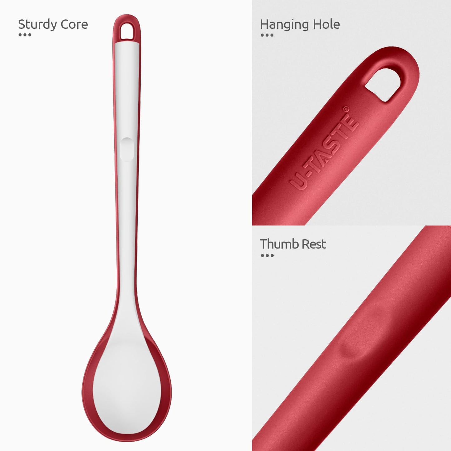 600ºF Heat Resistant Silicone Spoons: U-Taste 13.3in Solid & Slotted Kitchen Cooking Spoon, Nonstick Long Rubber Utensil, Sturdy for Mixing, Serving, Stirring, Frying, Draining (Red, 2PCS)