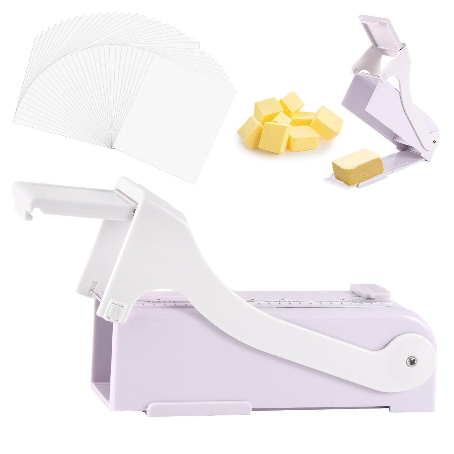 Butter Cutter Dispenser with 50pcs Portioning Paper, Single Stick Butter Slicer & Keeper with Measuring Function Measurement Tool for Cheese Block Bread Cakes Cookies Breakfast