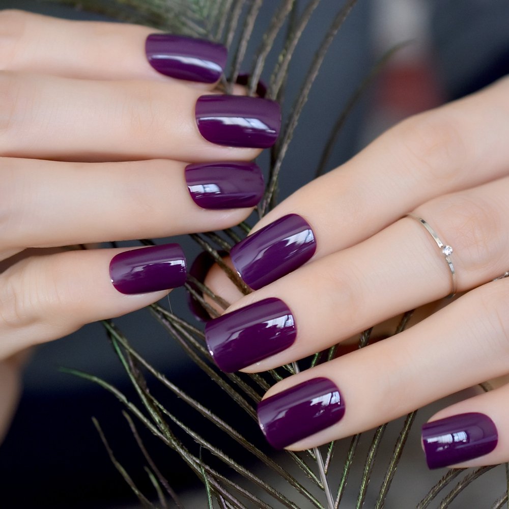 iBeautying Press on Nails - Dark Purple Pure Color False Nails | UV Full Cover Finish Short Squoval Shape Reusable Fake Nails in 10 Sizes - 24 Nail Kit with Jelly Glue Pad