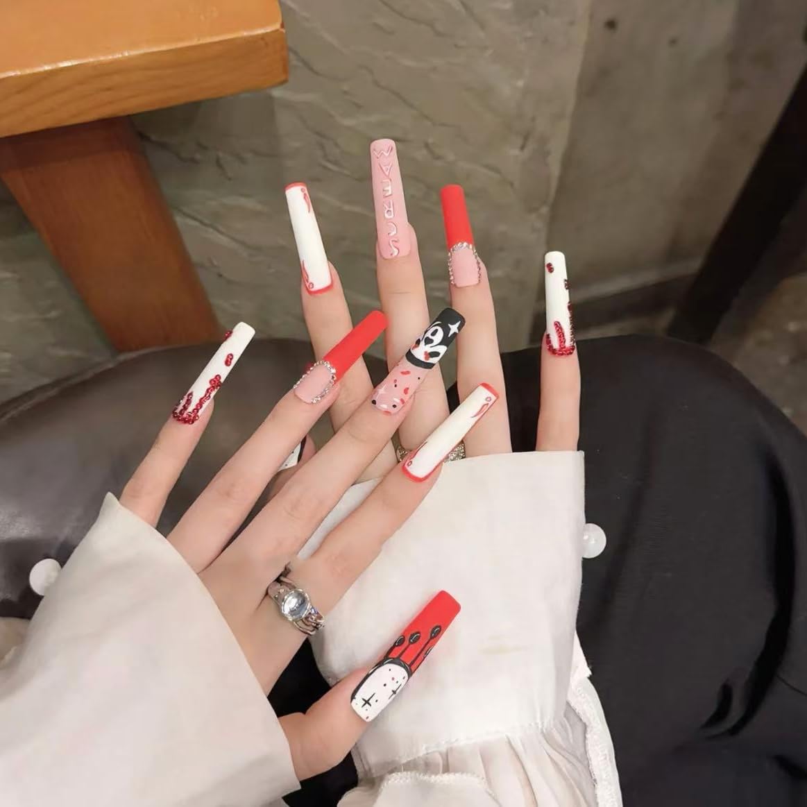 Halloween Handmade Press on Nails Long Square Fake Nails with drill Design Stick on Nails Glossy Handmade Acrylic Glue on Nail for Women Nail Art Decoration 10Pcs (MT-161-L)